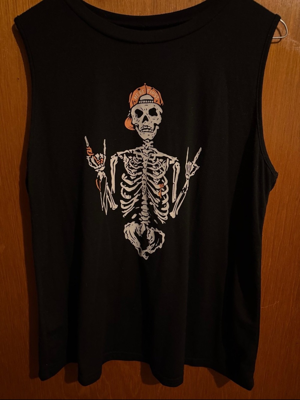 Black Sleeveless Graphic Tank with Rock & Roll Skeleton Print